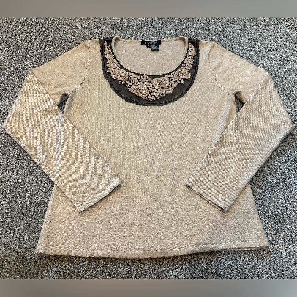 Etcetera M Silk Cashmere Tan Sweater Sheer Black Embroidered Detail R $275 - Picture 2 of 12